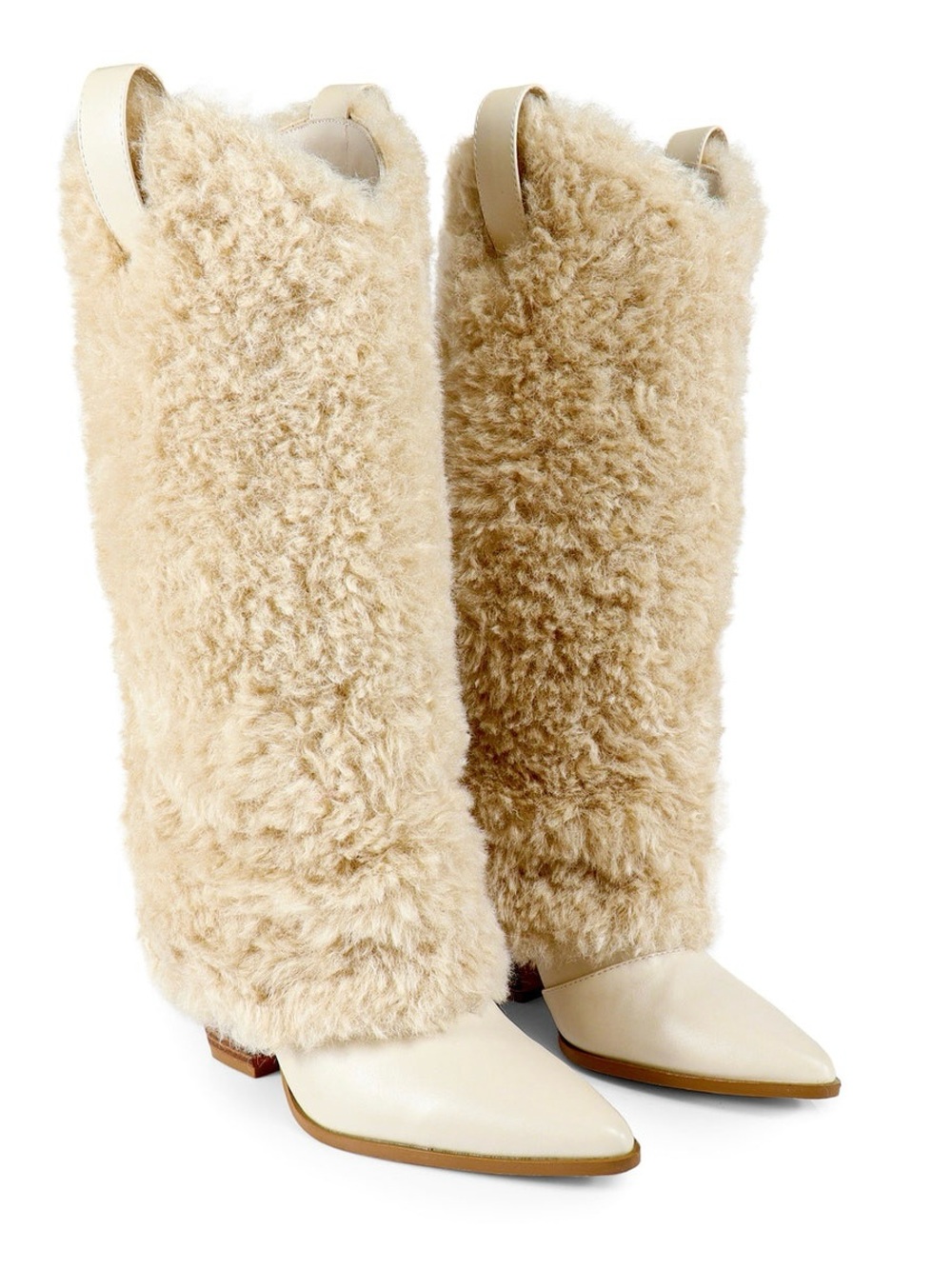 NWT Liliana Pointed Toe Faux Shearling Heeled Boot In Cream Size 5.5